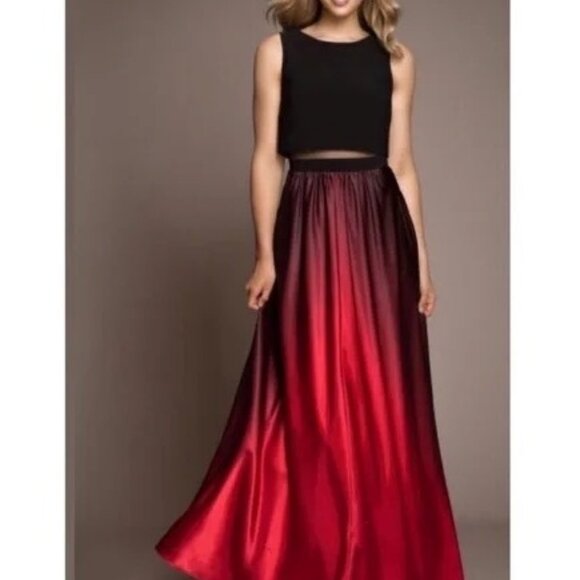 Betsy & Adam Dresses & Skirts - Two-Tone Black & Red Sleeveless Maxi Gown With Sheer Mesh Waist Detail And Gradi